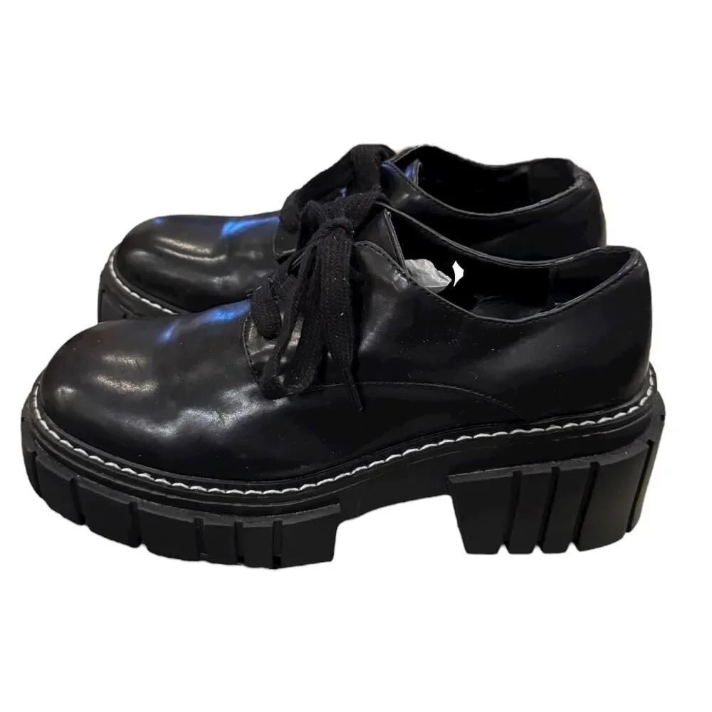 Madden Girl Phoennix Women’s Black Platform Lug Sole Derby Shoes 6